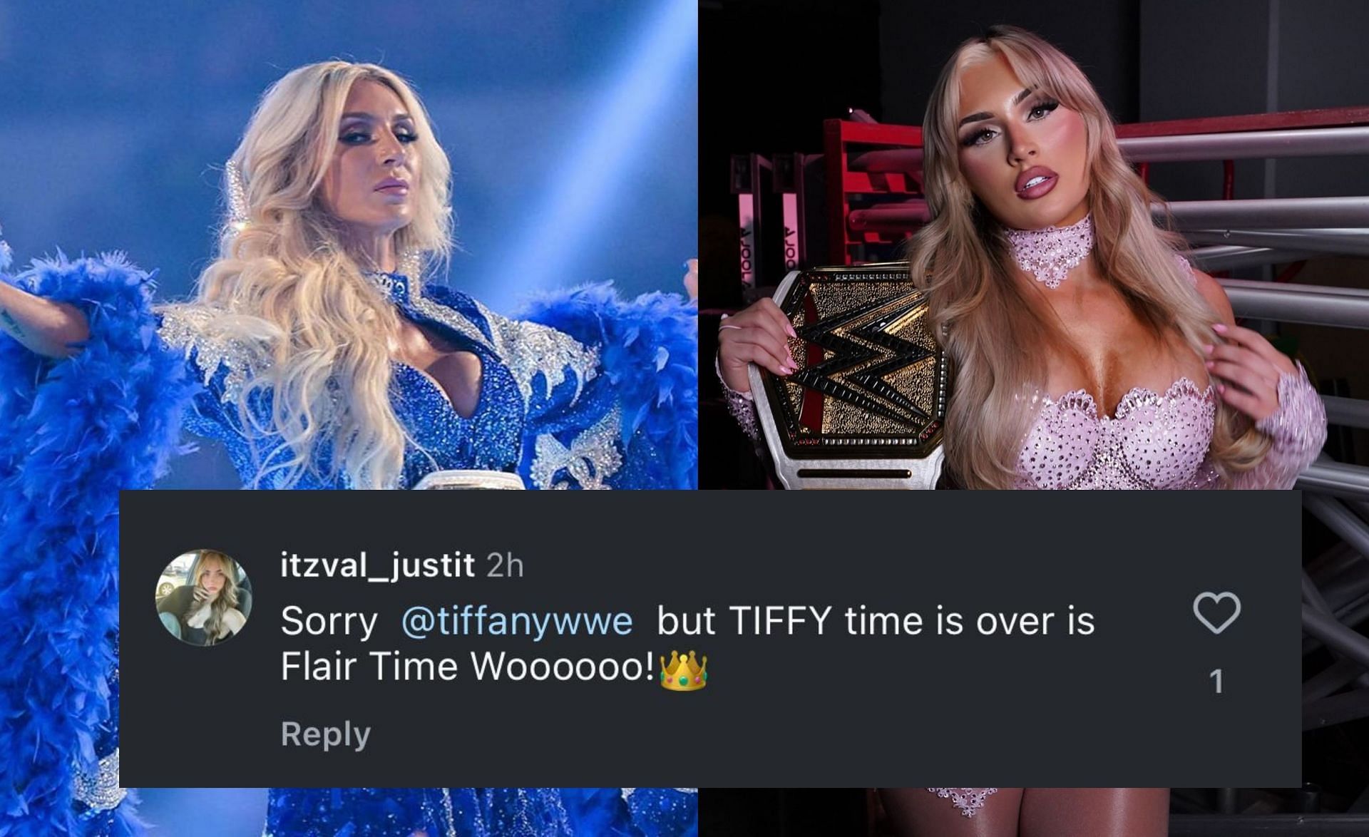 WWE फैन का शार्लेट फ्लेयर की पोस्ट पर कमेंट (Photo: Charlotte Flair & Tiffany Stratton Instagram)